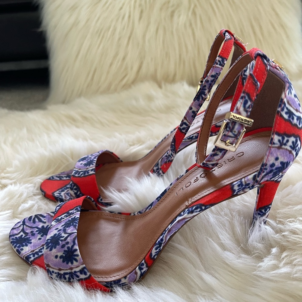 Blue/Red/White Floral Print Satin sandals.